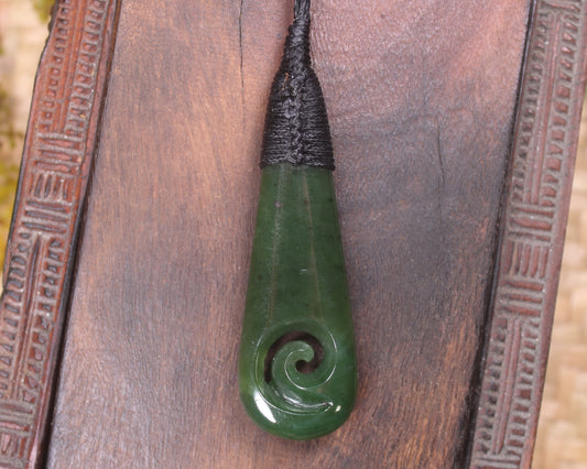 Roimata or Teardop with Koru carved from Kawakawa Pounamu - NZ Greenstone