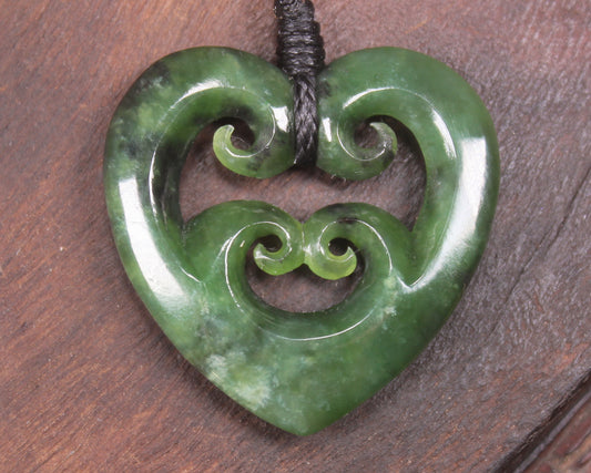 Heart with Koru carved from Kawakawa Pounamu - NZ Greenstone