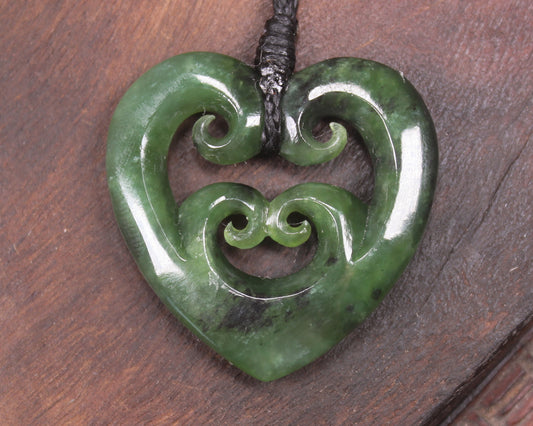 Heart with Koru carved from Kawakawa Pounamu - NZ Greenstone