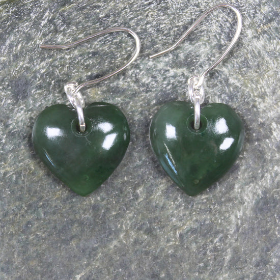 Heart Earrings carved from Kawakawa Pounamu - NZ Greenstone