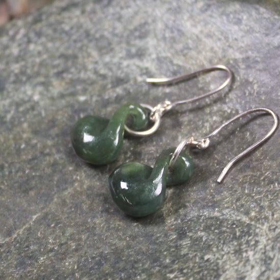 Twist Earrings carved from Kawakawa Pounamu - NZ Greenstone