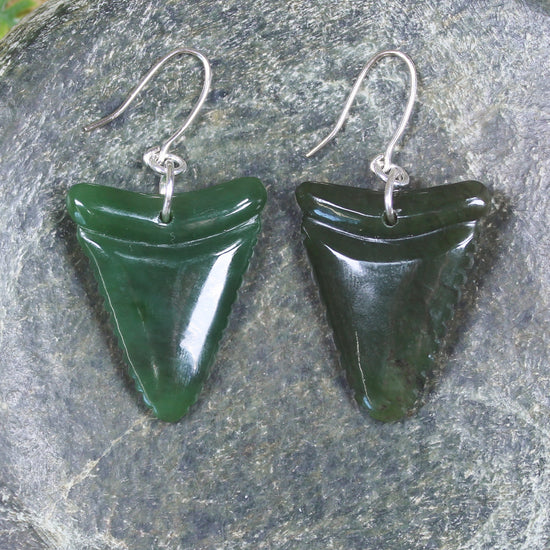 Shark Tooth Earrings carved from Kawakawa Pounamu - NZ Greenstone