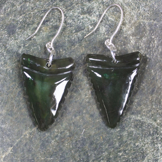 Shark Tooth Earrings carved from Rimu Pounamu - NZ Greenstone