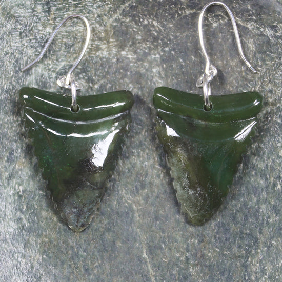 Shark Tooth Earrings carved from Rimu Pounamu - NZ Greenstone