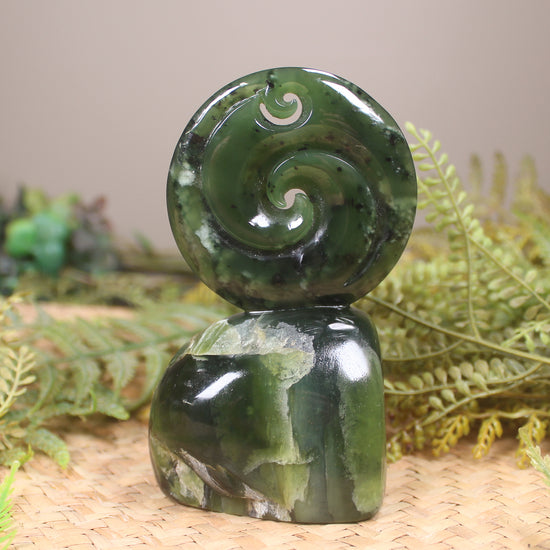 Koru sculpture carved from Kawakawa Pounamu - NZ Greenstone