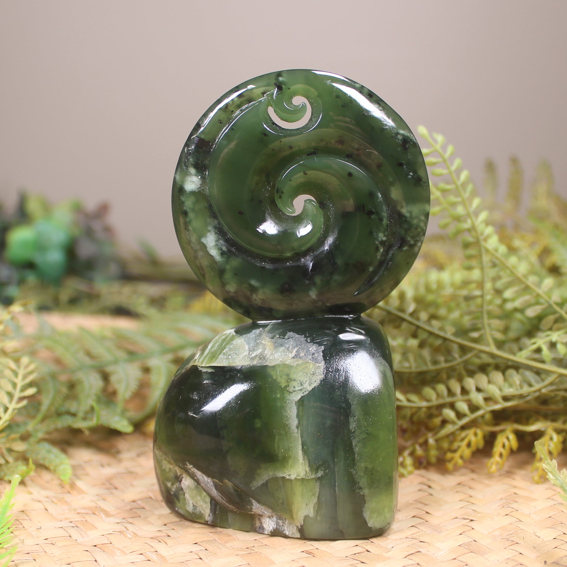 Koru sculpture carved from Kawakawa Pounamu - NZ Greenstone