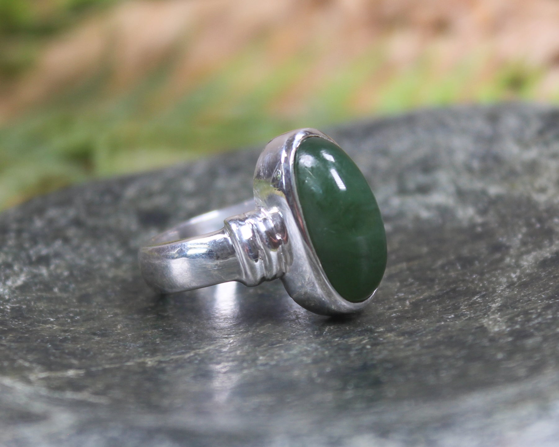 Sterling Silver Kawakawa Pounamu Ring - NZ Greenstone