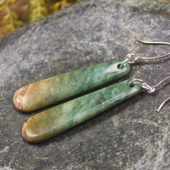 Roimata or Teardrop earrings carved from Flower Jade Pounamu - NZ Greenstone
