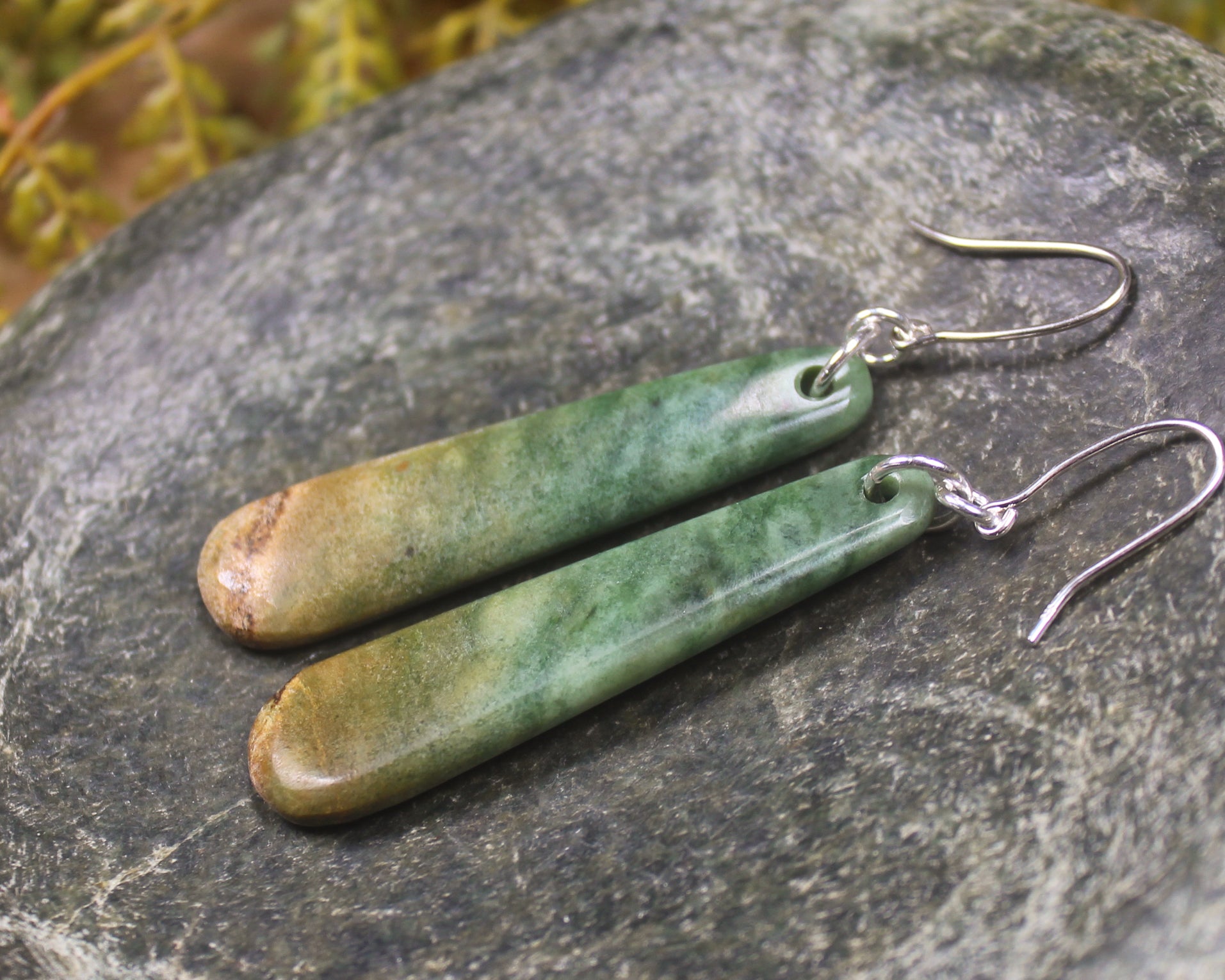 Roimata or Teardrop earrings carved from Flower Jade Pounamu - NZ Greenstone