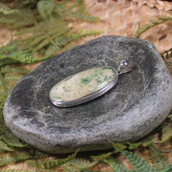 Sterling Silver Greenstone Pendant carved from Flower Jade Pounamu - NZ Greenstone