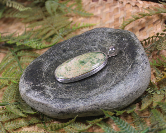 Sterling Silver Greenstone Pendant carved from Flower Jade Pounamu - NZ Greenstone