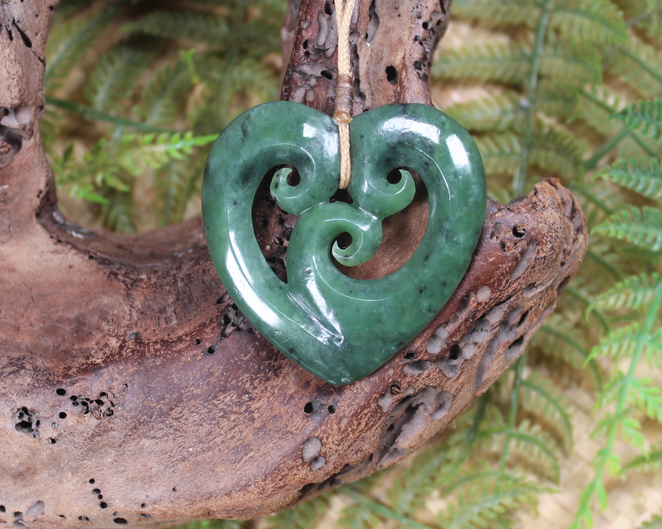 Heart with Koru carved from Hapopo Pounamu - NZ Greenstone