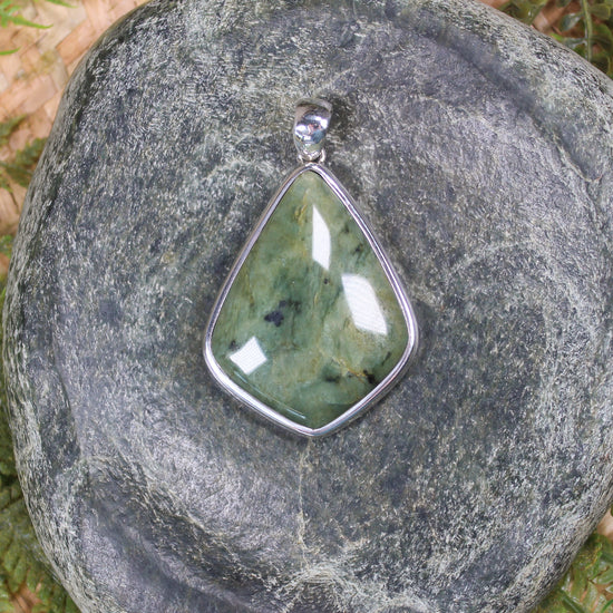 Sterling Silver Greenstone Pendant carved from Flower Jade Pounamu - NZ Greenstone