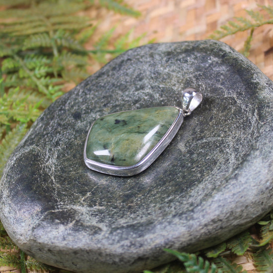 Sterling Silver Greenstone Pendant carved from Flower Jade Pounamu - NZ Greenstone