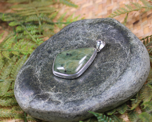 Sterling Silver Greenstone Pendant carved from Flower Jade Pounamu - NZ Greenstone