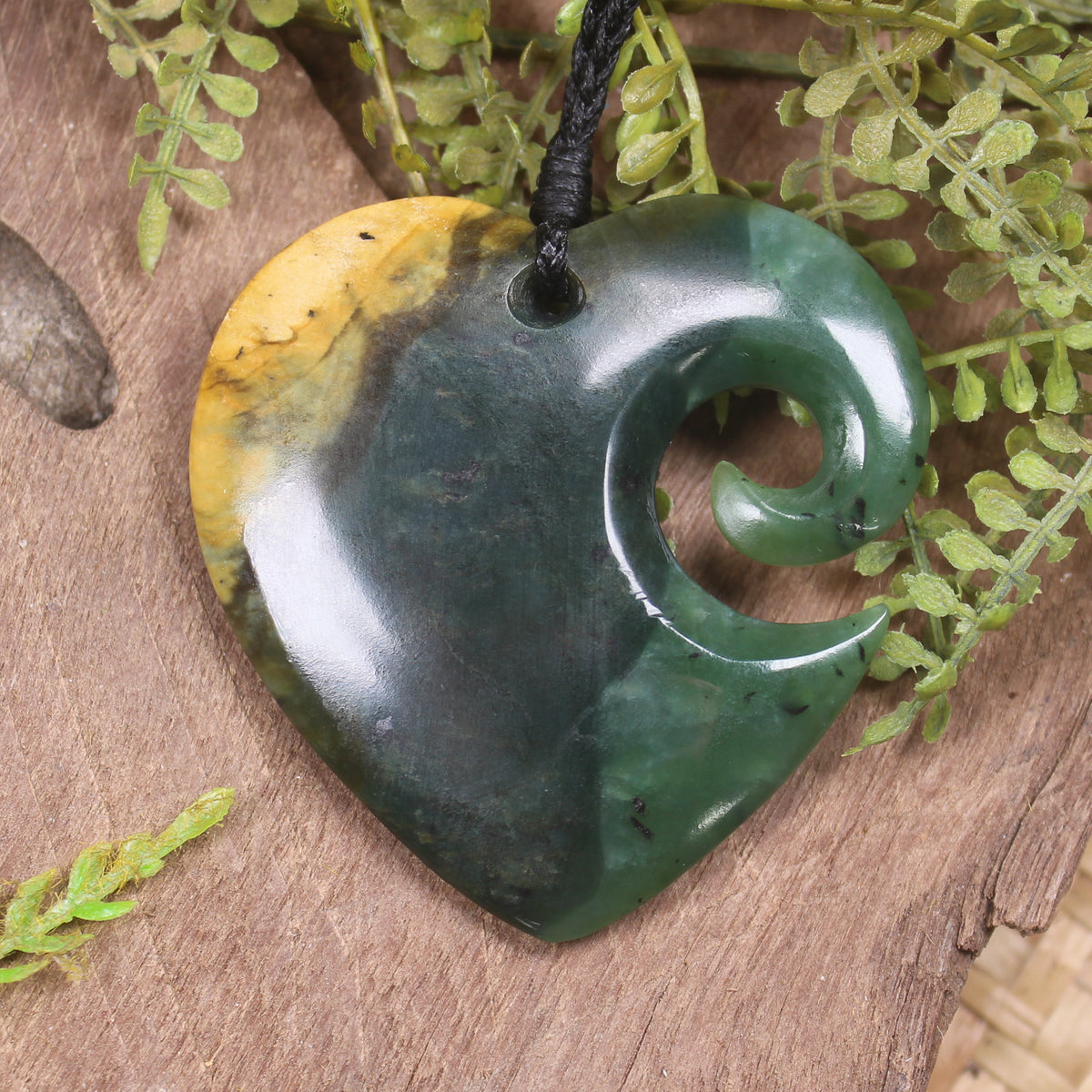 Heart with Koru carved from Flower Jade Pounamu - NZ Greenstone
