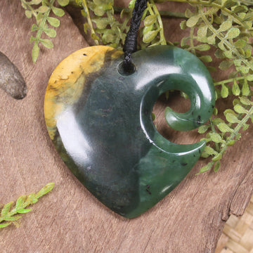 Heart with Koru carved from Flower Jade Pounamu - NZ Greenstone