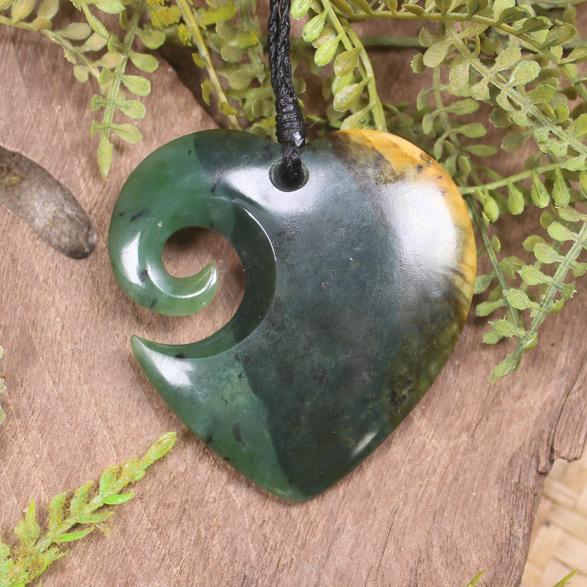 Heart with Koru carved from Flower Jade Pounamu - NZ Greenstone