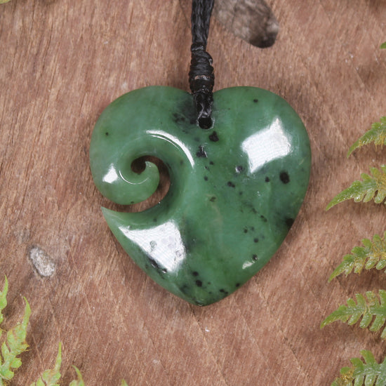Heart with Koru carved from Hapopo Pounamu - NZ Greenstone