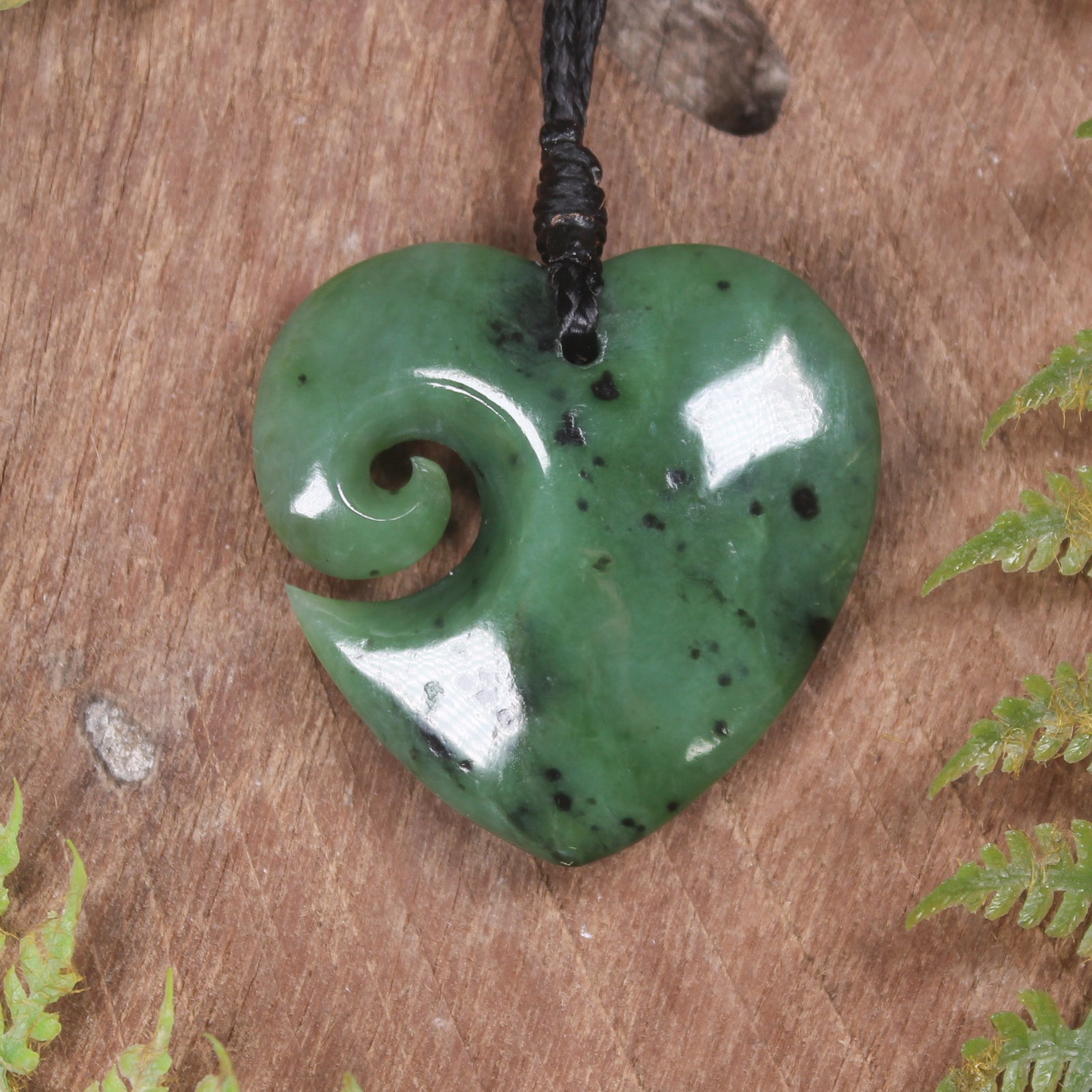 Heart with Koru carved from Hapopo Pounamu - NZ Greenstone