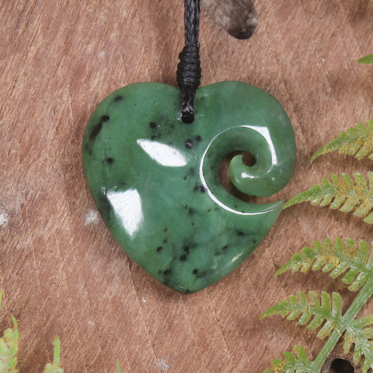 Heart with Koru carved from Hapopo Pounamu - NZ Greenstone