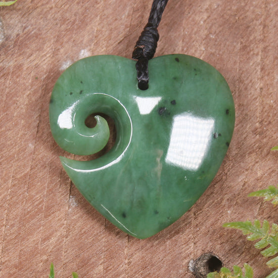 Heart with Koru carved from Hapopo Pounamu - NZ Greenstone
