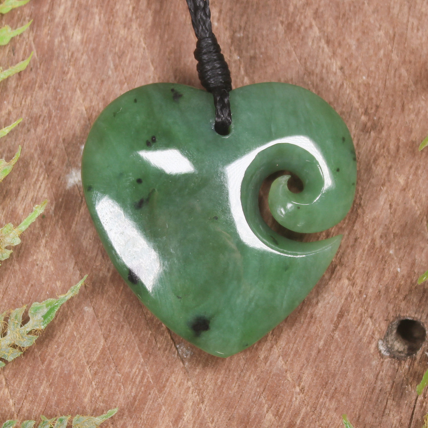 Heart with Koru carved from Hapopo Pounamu - NZ Greenstone
