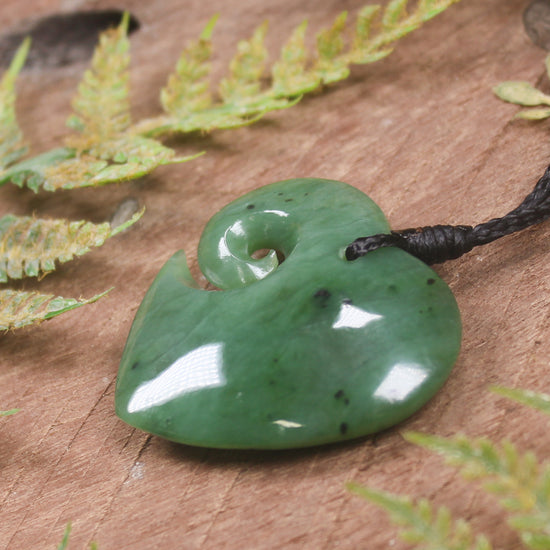 Heart with Koru carved from Hapopo Pounamu - NZ Greenstone