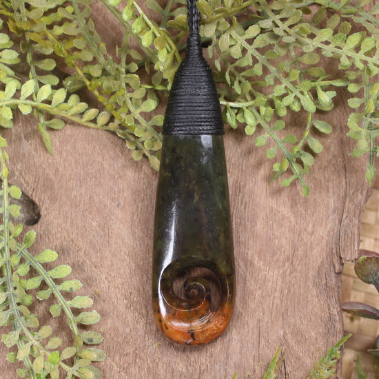 Roimata or Teardop with Koru carved from Totoweka Pounamu - NZ Greenstone