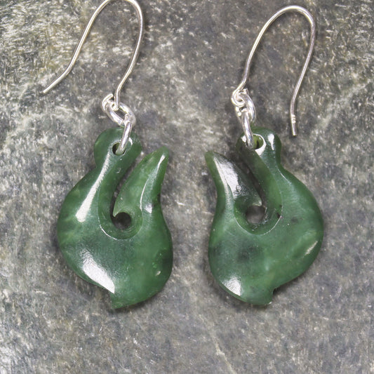 Matau or Fish Hook Earrings carved from Hapopo Pounamu - NZ Greenstone