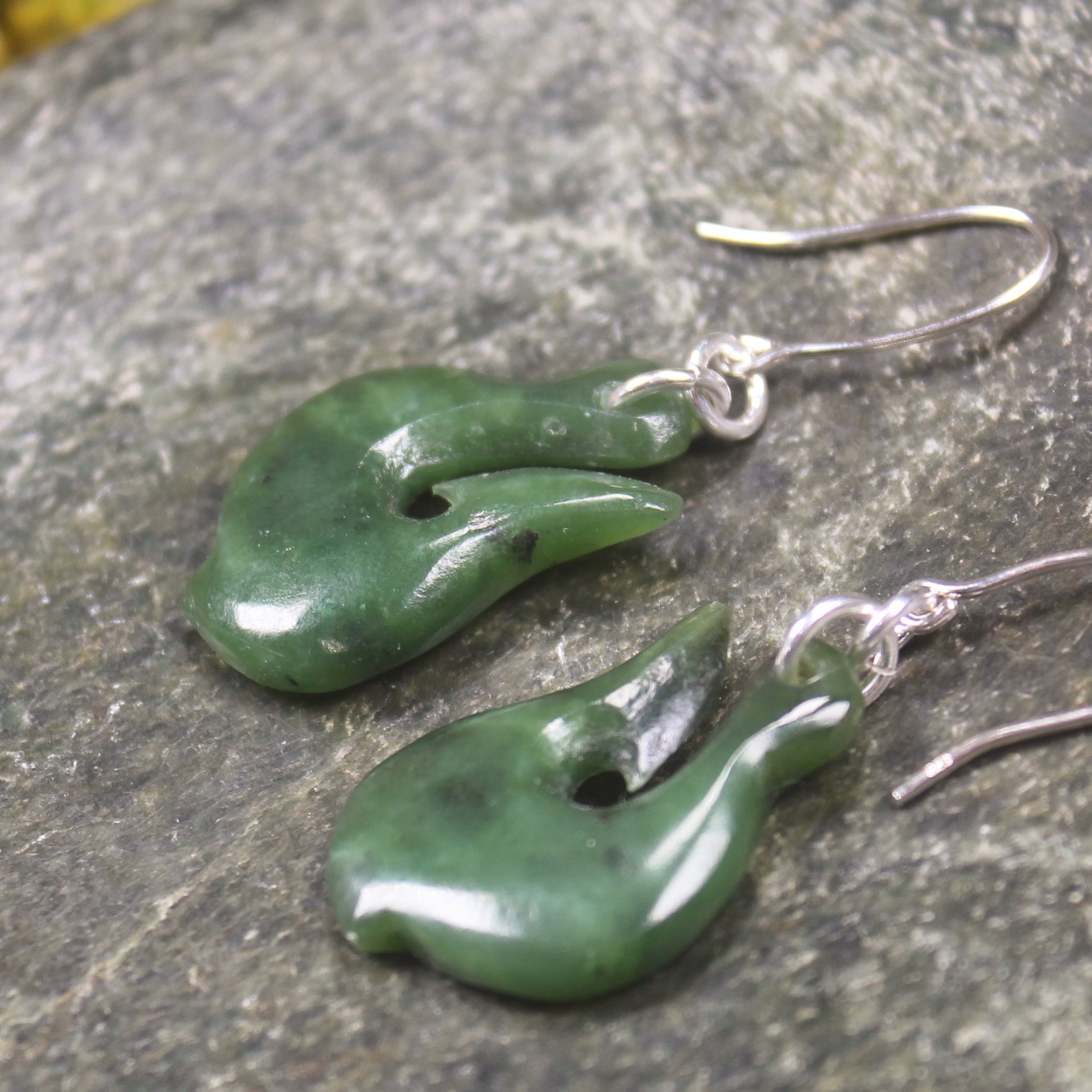 Matau or Fish Hook Earrings carved from Hapopo Pounamu - NZ Greenstone