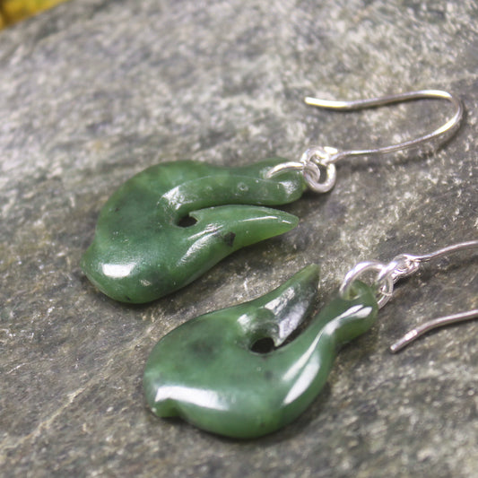 Matau or Fish Hook Earrings carved from Hapopo Pounamu - NZ Greenstone