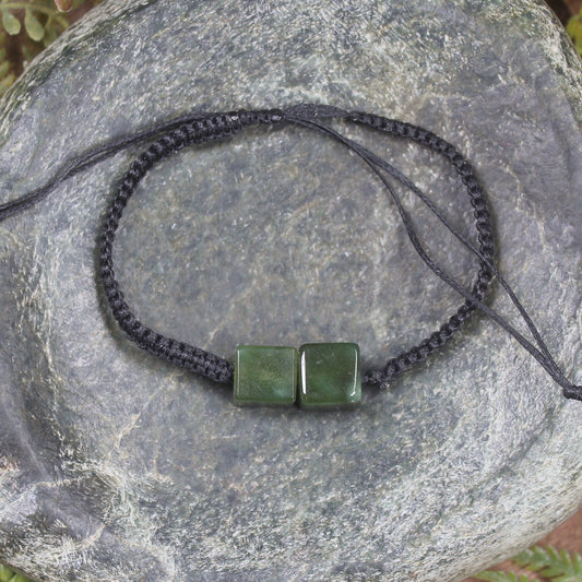 NZ Greenstone Adjustable Beaded Cord Bracelet Kawakawa Pounamu
