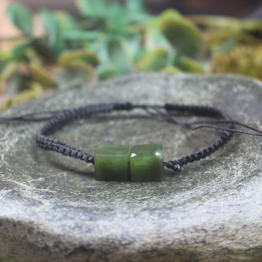 NZ Greenstone Adjustable Beaded Cord Bracelet Kawakawa Pounamu