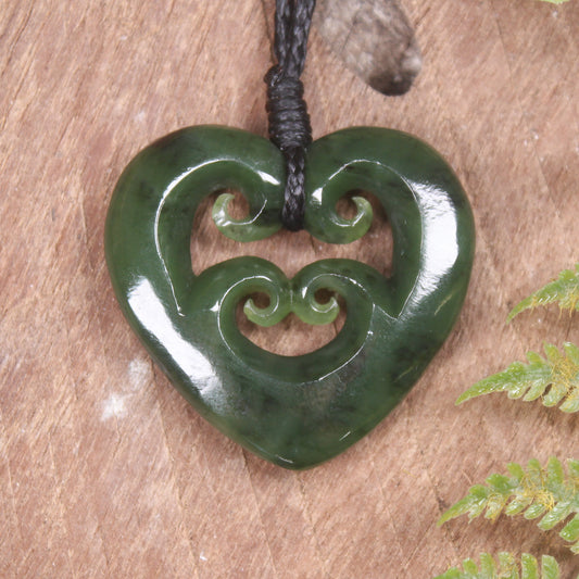 Heart with Koru carved from Hapopo Pounamu - NZ Greenstone