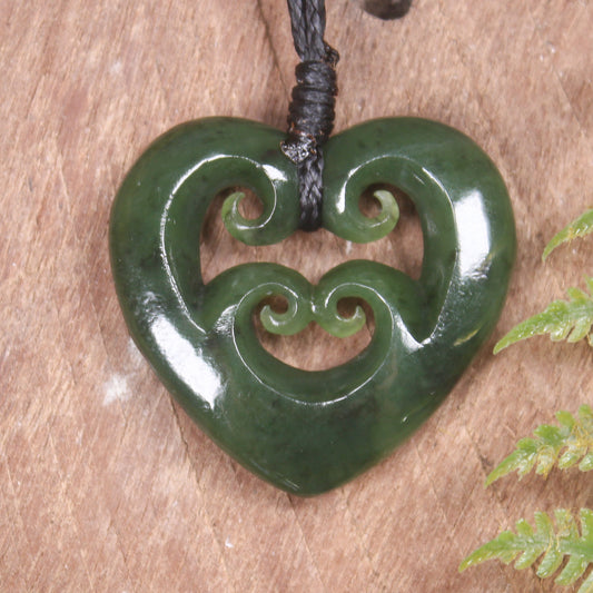Heart with Koru carved from Hapopo Pounamu - NZ Greenstone