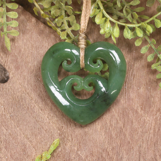 Heart with Koru carved from Hapopo Pounamu - NZ Greenstone