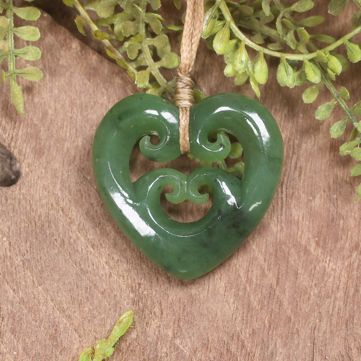 Heart with Koru carved from Hapopo Pounamu - NZ Greenstone