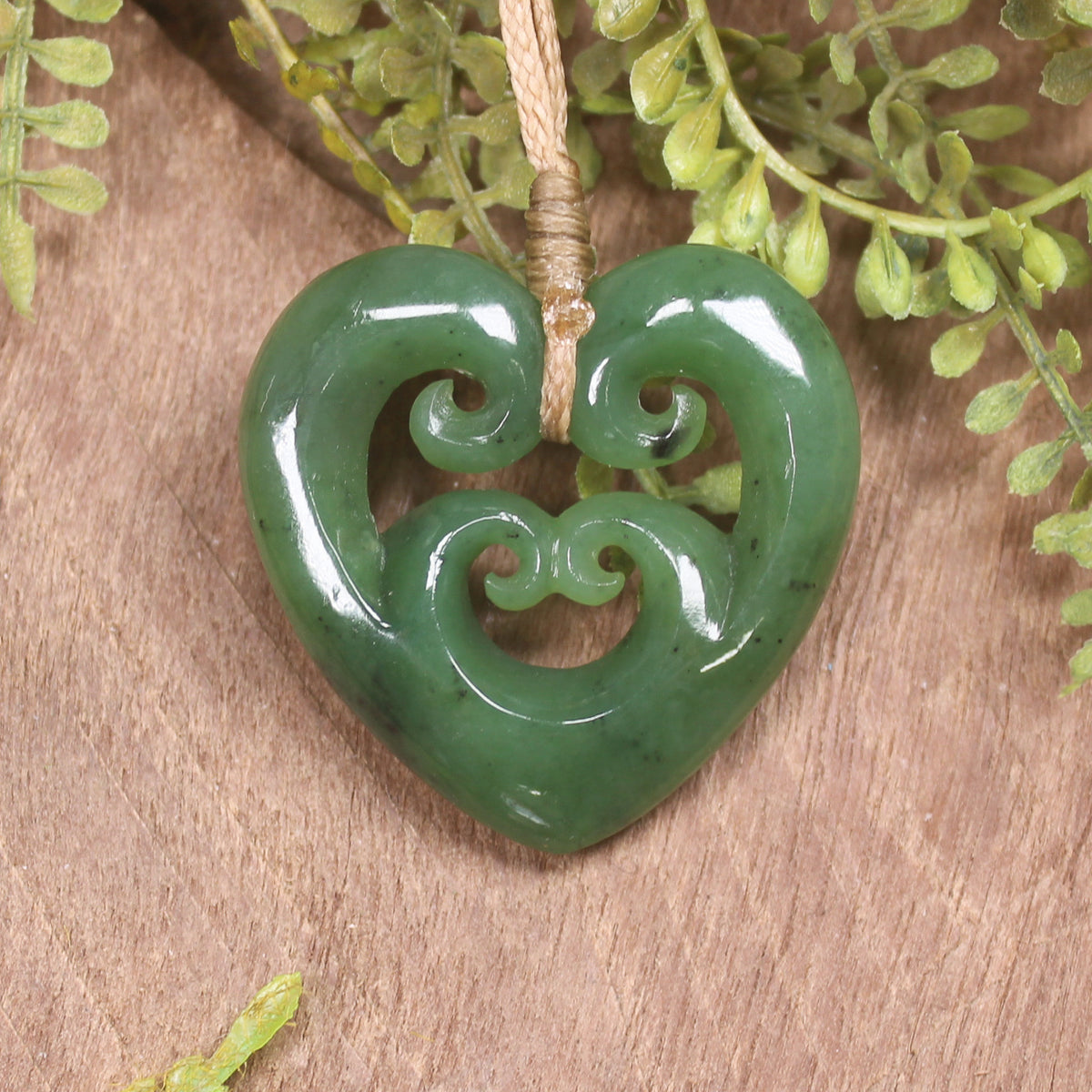 Heart with Koru carved from Hapopo Pounamu - NZ Greenstone