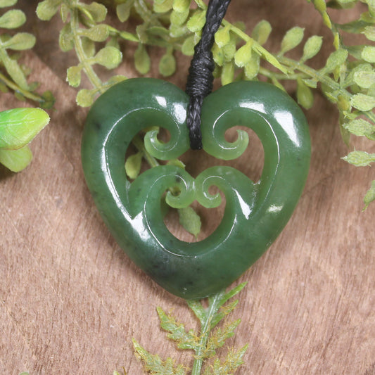 Heart with Koru carved from Hapopo Pounamu - NZ Greenstone