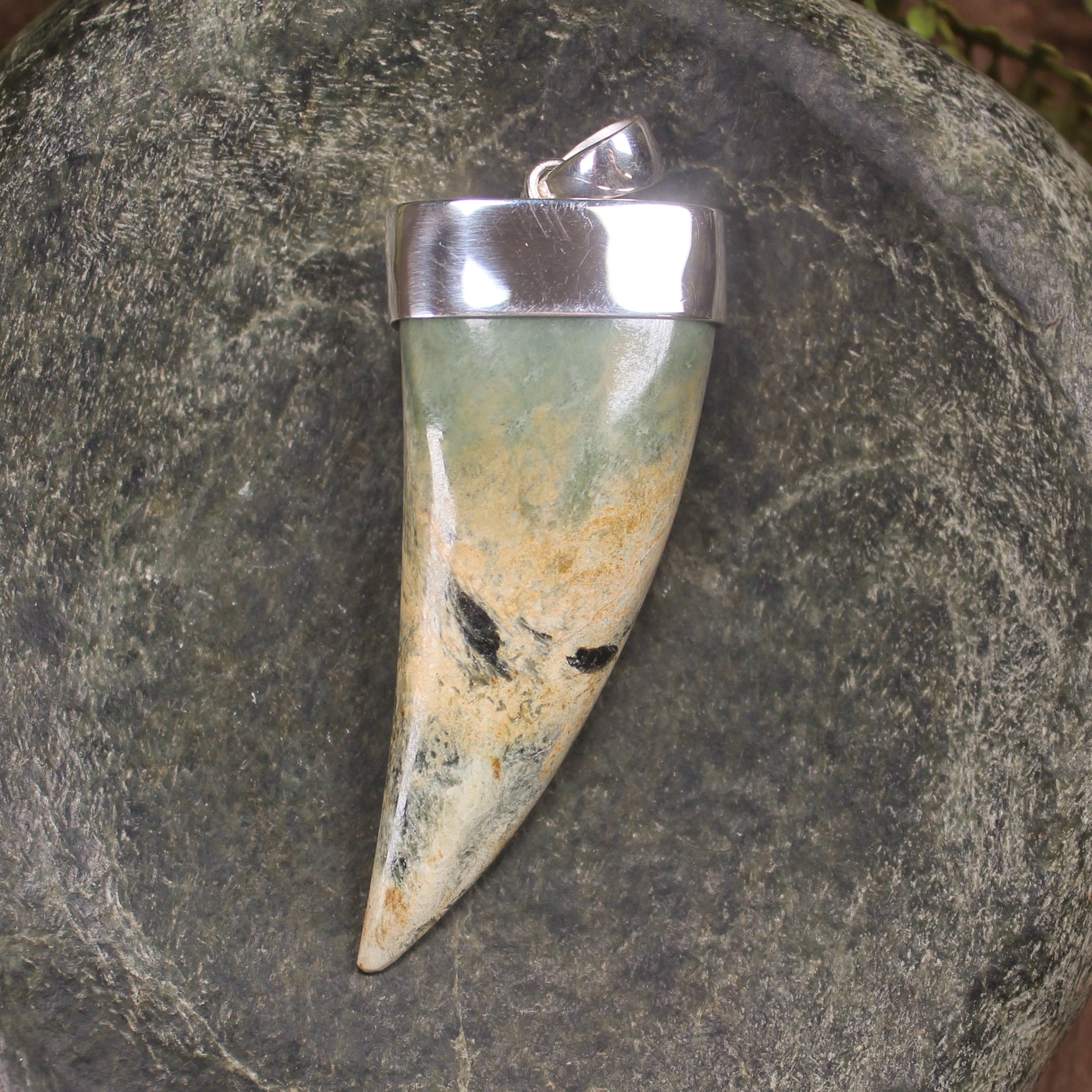 Taniwha Tooth or Niho carved from Flower Jade Pounamu - NZ Greenstone
