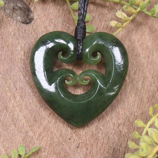Heart with Koru carved from Kawakawa Pounamu - NZ Greenstone