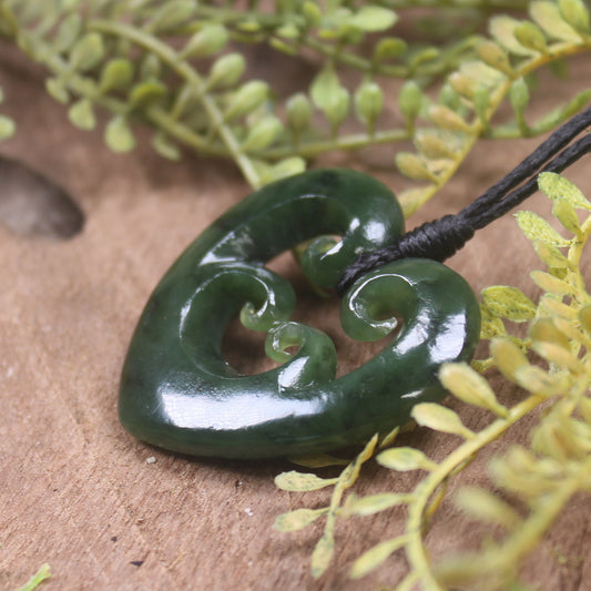 Heart with Koru carved from Kawakawa Pounamu - NZ Greenstone