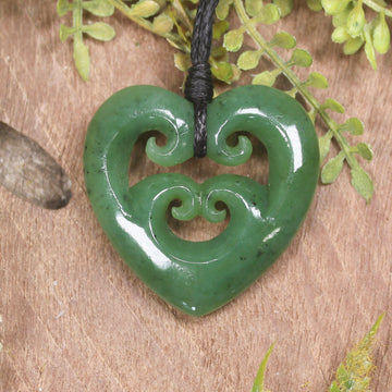 Heart with Koru carved from Hapopo Pounamu - NZ Greenstone