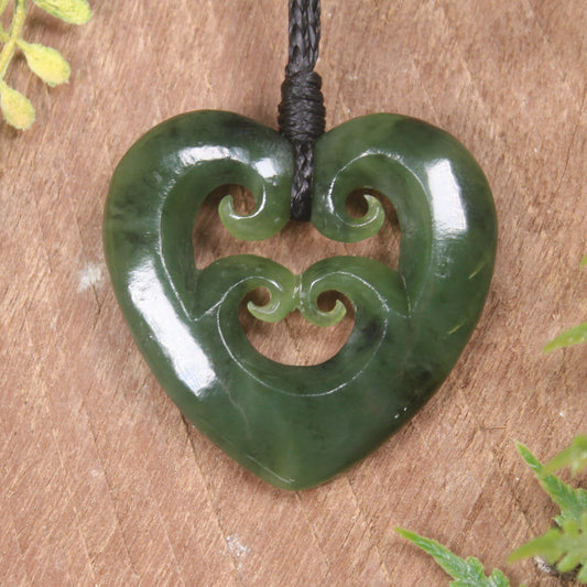 Heart with Koru carved from Hapopo Pounamu - NZ Greenstone