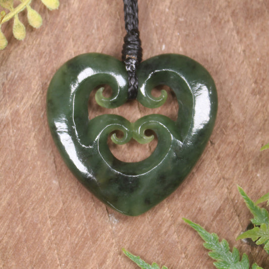 Heart with Koru carved from Hapopo Pounamu - NZ Greenstone