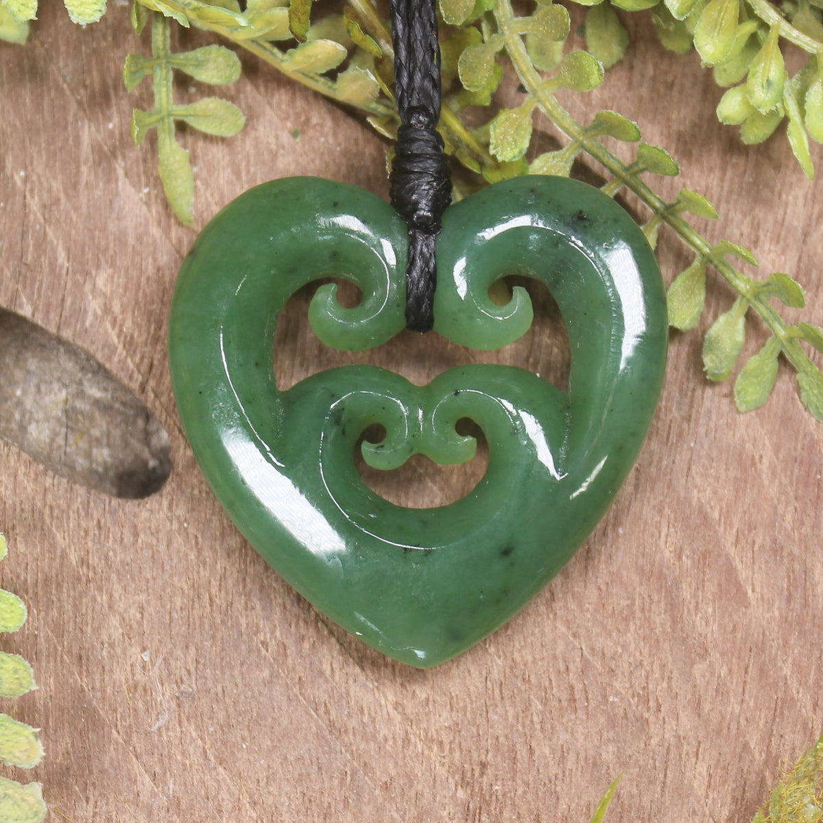 Heart with Koru carved from Hapopo Pounamu - NZ Greenstone