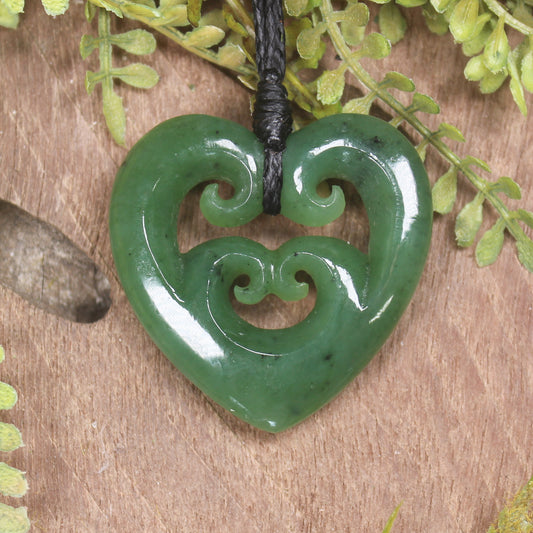 Heart with Koru carved from Hapopo Pounamu - NZ Greenstone