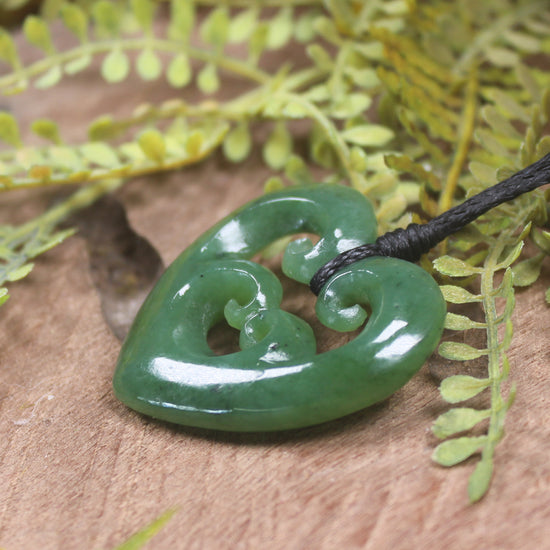 Heart with Koru carved from Hapopo Pounamu - NZ Greenstone