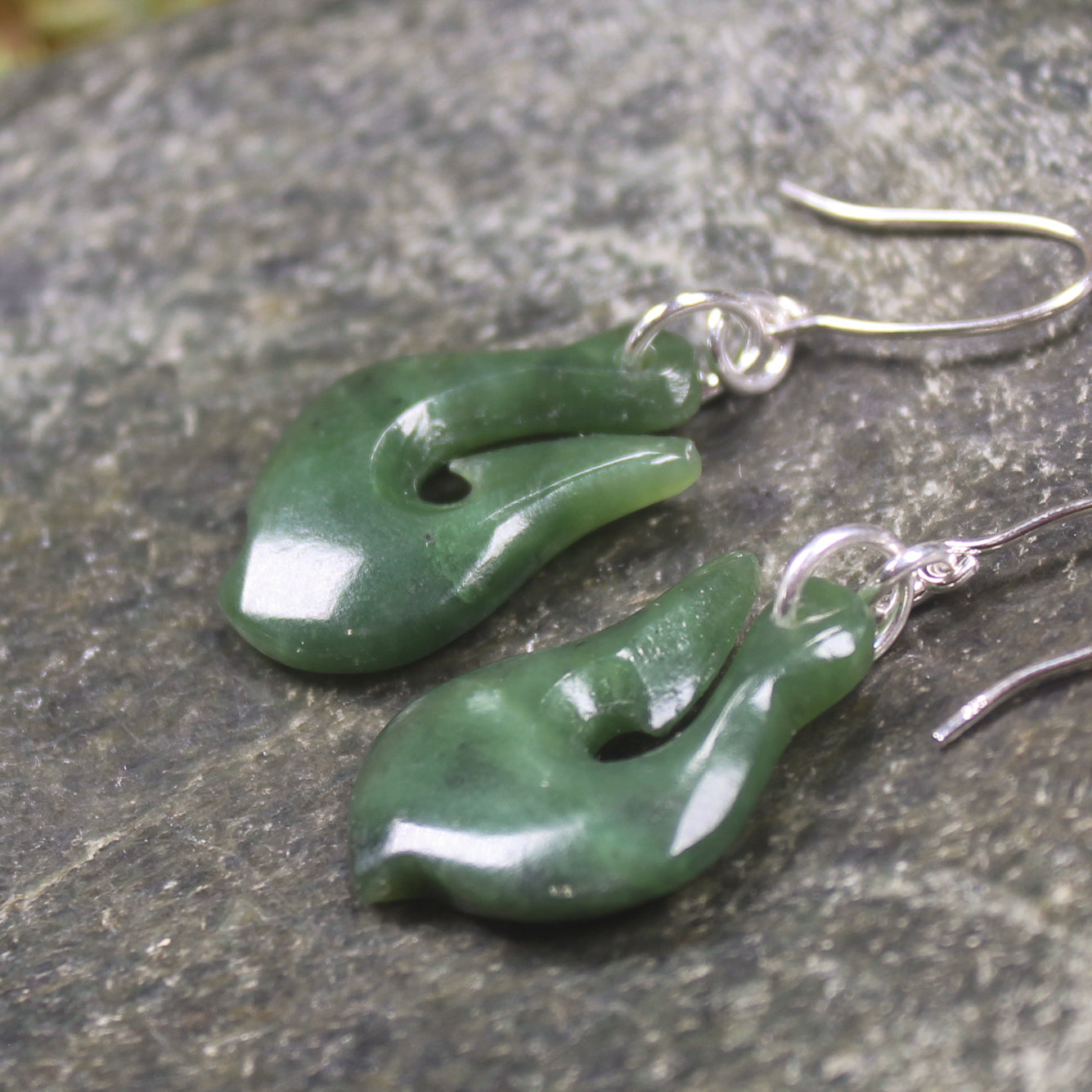 Matau or Fish Hook Earrings carved from Hapopo Pounamu - NZ Greenstone